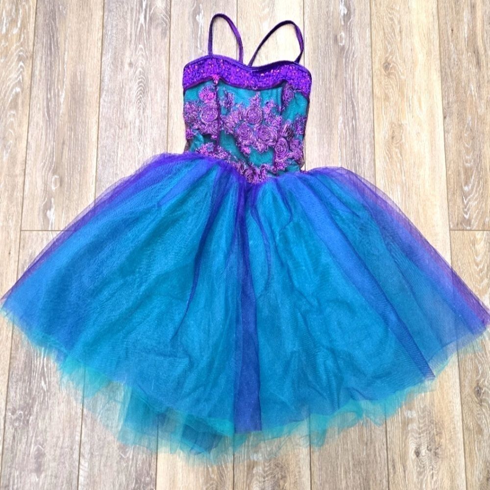 Curtain Call teal and purple tulle sequins floral lace bodice size adult small